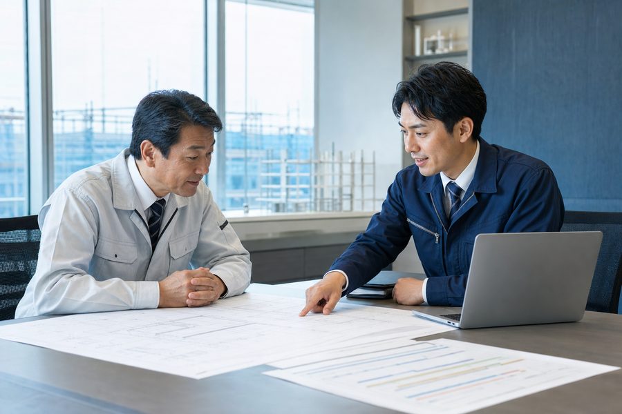 経営者と支援者が図面と工程表を挟んで相談している様子